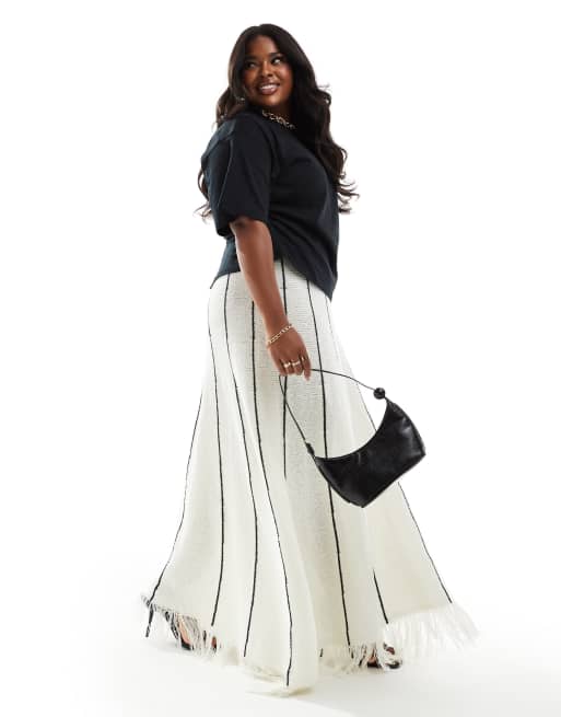 4th Reckless Plus exclusive knitted fringe hem maxi skirt in cream stripe ASOS