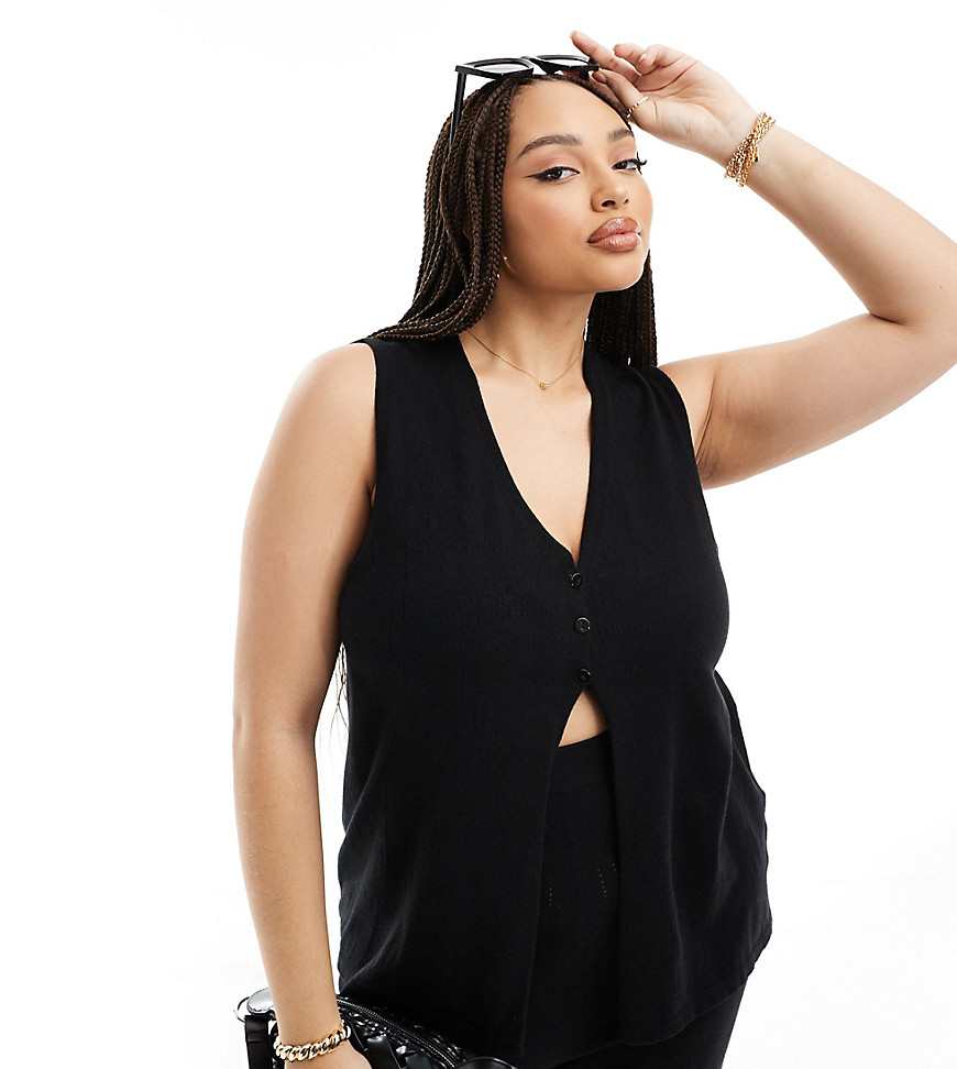 4th & Reckless Plus Exclusive Knitted Pointelle Longline Vest In Black - Part Of A Set