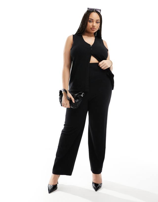 4th & Reckless Plus - exclusive knitted pointelle straight leg trousers co-ord in black