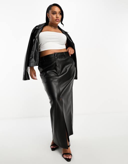 4th & Reckless Plus exclusive leather look front split maxi skirt in black