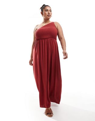 4th & Reckless Plus Exclusive Linen Mix Shirred One Shoulder Drop Waist Maxi Dress In Washed Red