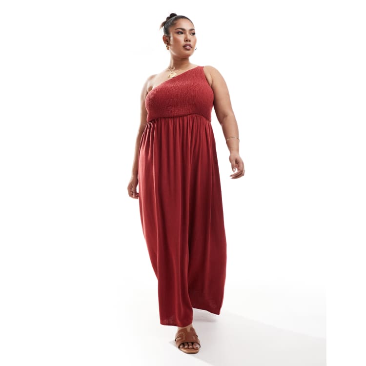 4th & Reckless Plus exclusive linen mix shirred one shoulder drop waist maxi  dress in washed red | ASOS