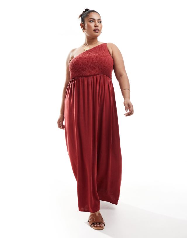 4th & Reckless Plus - exclusive linen mix shirred one shoulder drop waist maxi dress in washed red