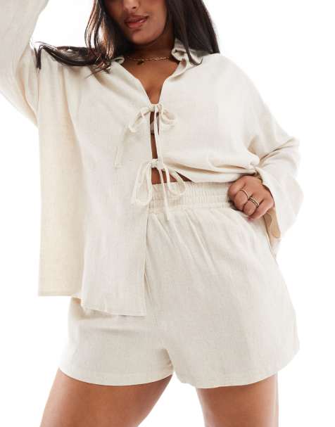 4th & Reckless Plus Exclusive linen shirred waist shorts in beige - view 1