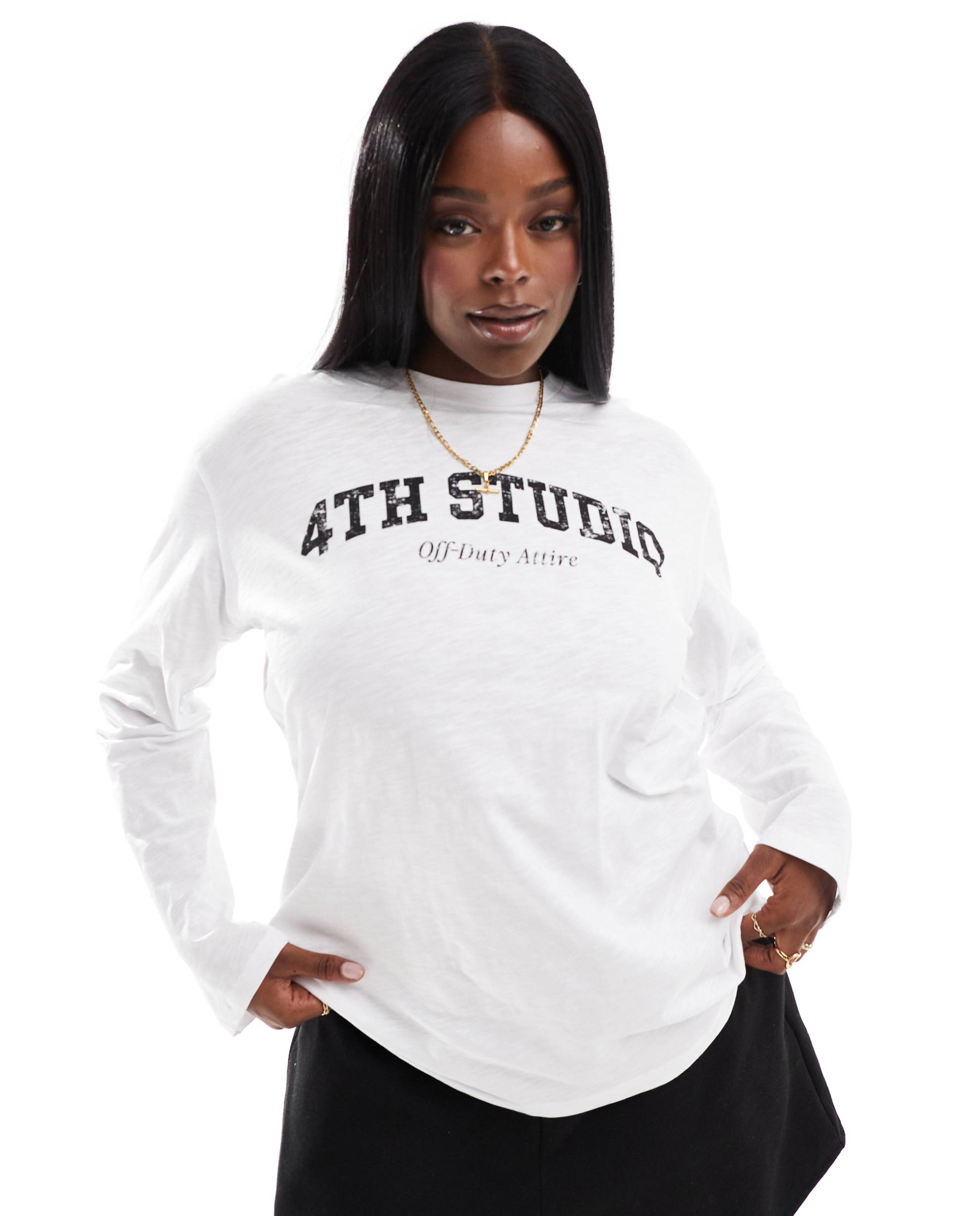 4th & reckless plus exclusive long sleeve logo t-shirt in white
