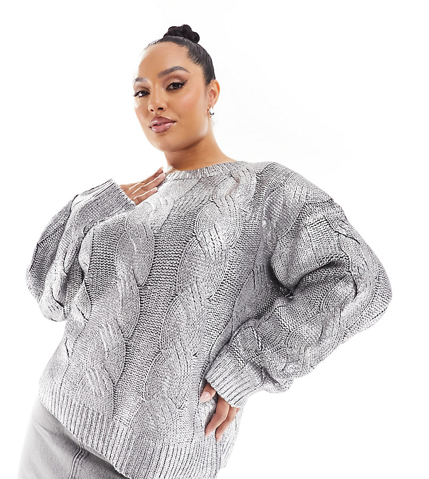 4th & Reckless Plus exclusive metallic cable knit jumper in silver
