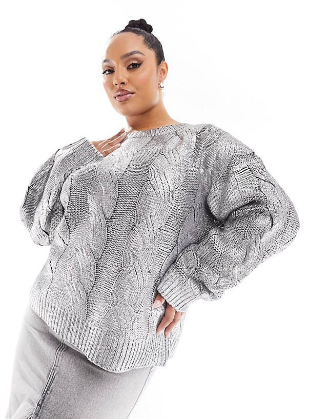 4th & Reckless Plus - exclusive metallic cable knit jumper in silver