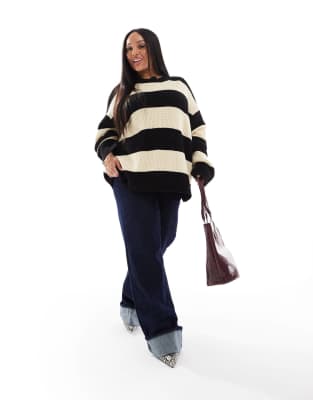 exclusive oversized crew neck sweater in camel and blackstripe-Multi