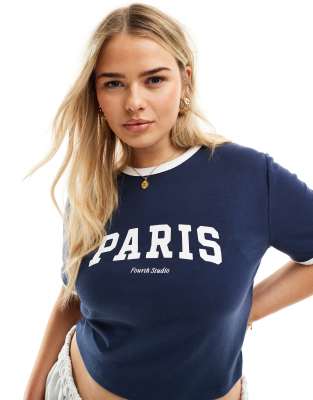 4th & Reckless Plus Exclusive Paris Logo Contrast Trim T-shirt In Navy