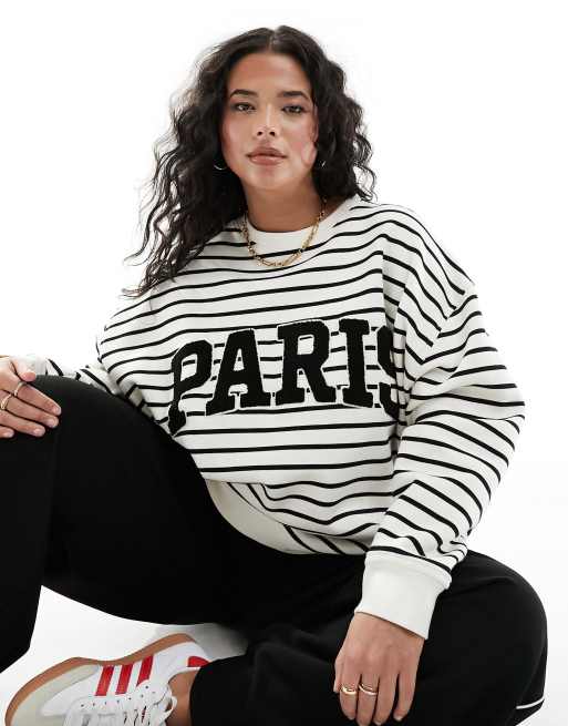 4th & Reckless Plus exclusive Paris logo sweatshirt in black and white  stripe