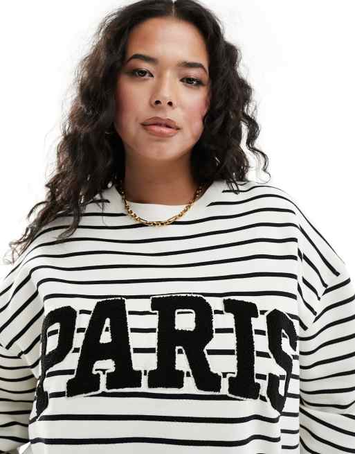 4th & Reckless Plus exclusive Paris logo sweatshirt in black and white  stripe