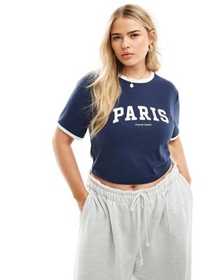 4th & Reckless Plus exclusive Paris logo contrast trim t-shirt in navy