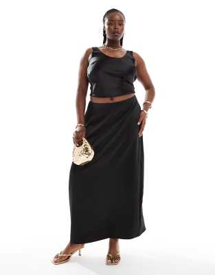 Exclusive satin back slit maxi skirt in black