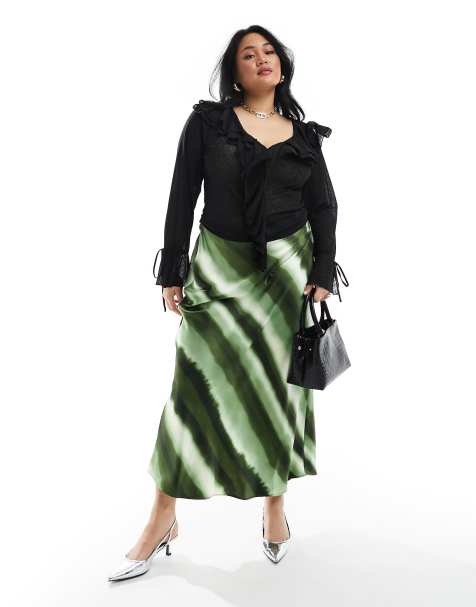 4th & Reckless Plus exclusive satin ombre stripe maxi skirt in green - view 1