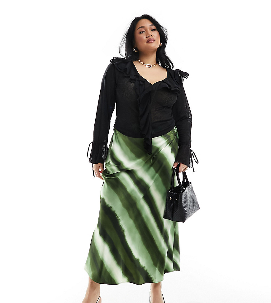 4th & Reckless Plus exclusive satin ombre stripe maxi skirt in green