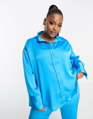 4th & Reckless Plus exclusive satin shirt co-ord in electric blue - ASOS Price Checker