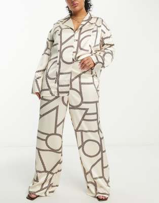 4th & Reckless Plus exclusive satin wide leg pants in cream print (part of a set)