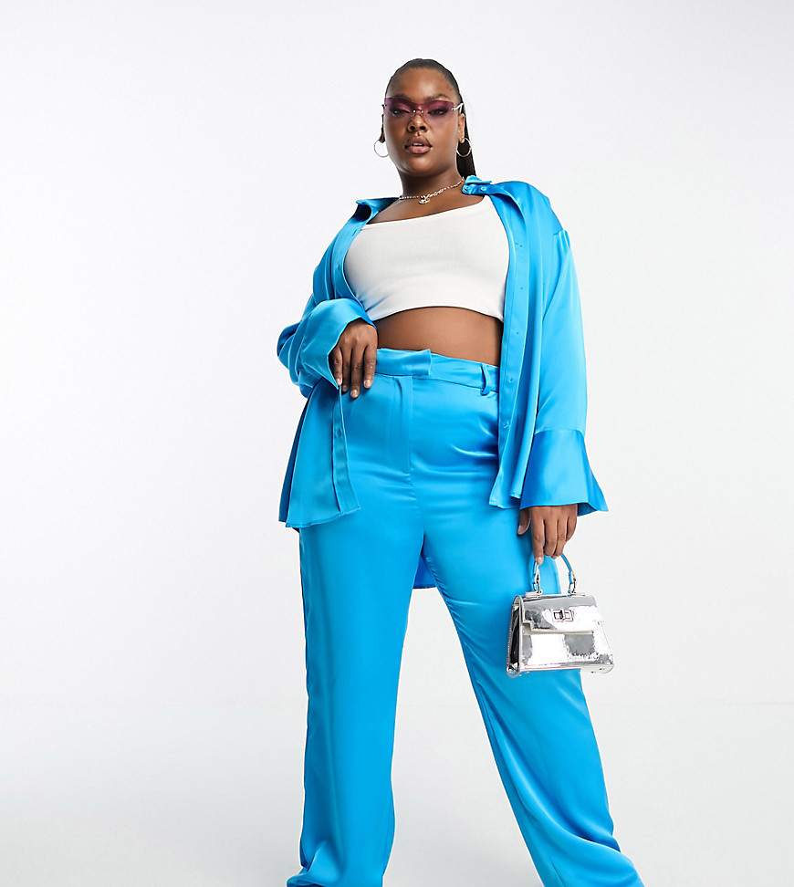 4th & Reckless Plus exclusive satin wide leg trouser co-ord in electric blue