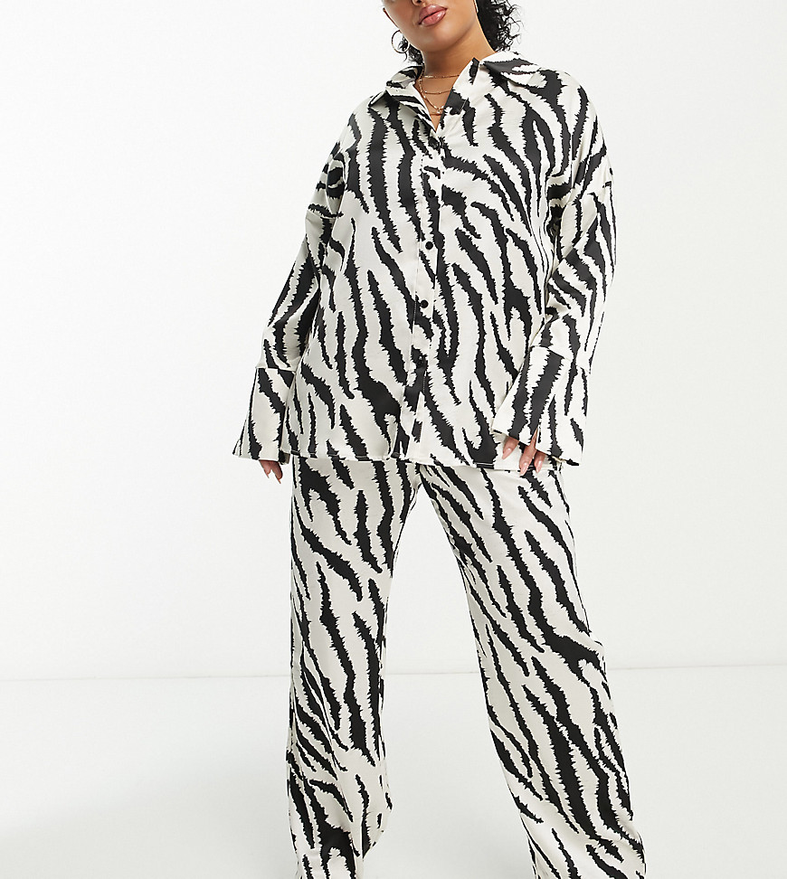 4th & Reckless Plus exclusive satin wide leg trouser co-ord in zebra print-Multi