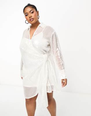 4th & Reckless Plus Exclusive Sequin Tie Side Mini Shirt Dress In White Iridescent