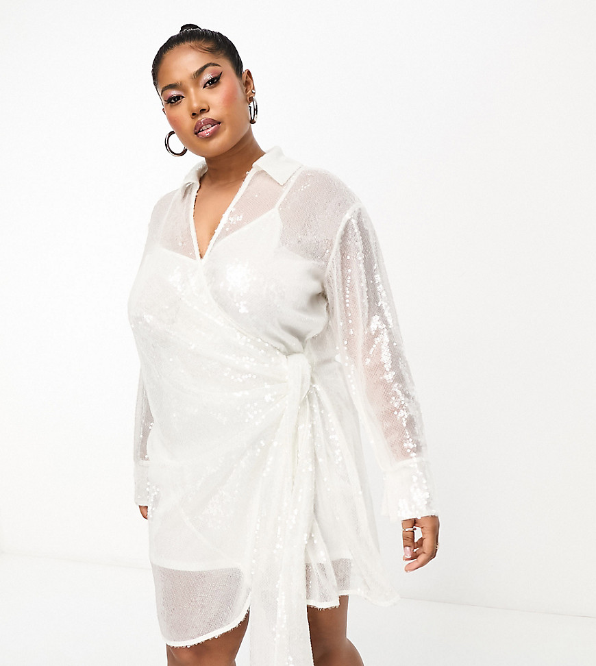 4th & Reckless Plus Exclusive Sequin Tie Side Mini Shirt Dress In White Iridescent