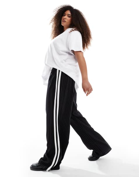 4th & Reckless Plus exclusive side stripe wide leg trousers in black pinstripe - view 1