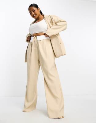 4th & Reckless Plus exclusive tailored pants with contrast fold detail in cream - part of a set