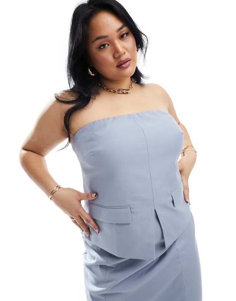 4th & Reckless Plus exclusive tailored split front bandeau top co-ord in blue - view 1