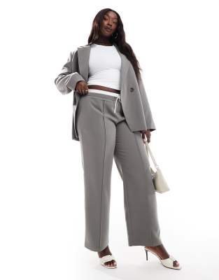 exclusive tailored straight leg drawstring contrast waistband pants in charcoal - part of a set-Gray