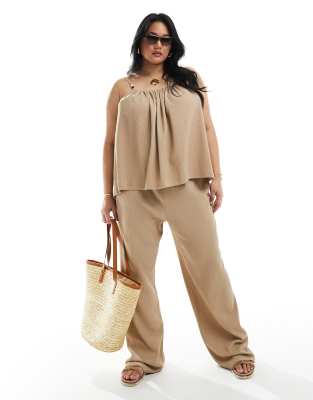 4th & Reckless Plus 4th & Reckless Plus exclusive textured beaded wide leg trousers in light brown