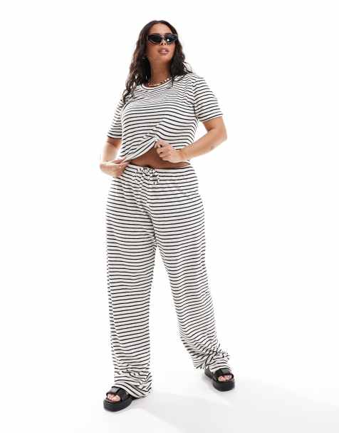 4th & Reckless Plus exclusive towelling wide leg trousers co-ord in stripe - view 1