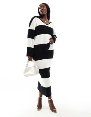 4th & Reckless Plus 4th & Reckless Plus exclusive v neck oversized jumper co-ord in black and white stripe-Multi