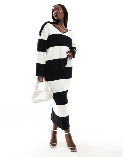 4th & Reckless Plus - Exclusives - Oversized gestreepte trui met V-hals in zwart en wit, deel van co-ord set