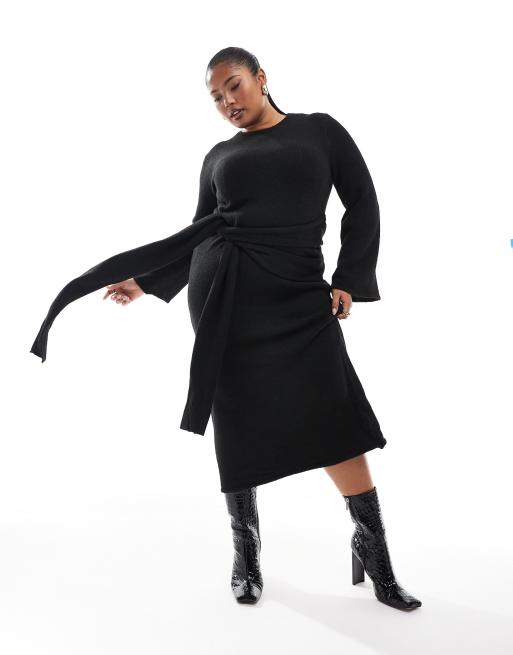 4th & Reckless Plus - Exclusivité - Robe pull mi-longue en maille avec drapé nœud à la taille - Noir