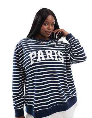 4th & Reckless Plus - Exklusiv - Sweatshirt in gestreiftem Marineblau mit „Paris"-Print-Bunt