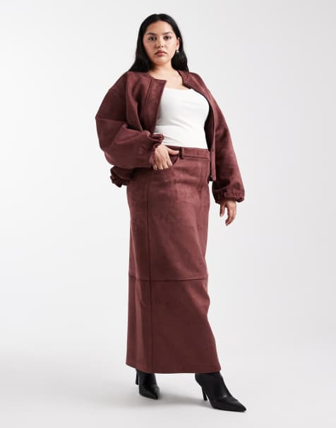 4th & Reckless Plus faux suede maxi skirt co-ord in burgundy