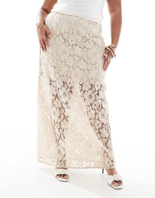 4th & Reckless Plus floral lace sheer hem maxi skirt in beige, 2 of 5