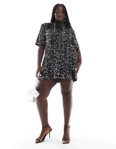 4th & Reckless Plus - Fluwelen mini T-shirtjurk met lovertjes en open achterkant in zwart - view 1