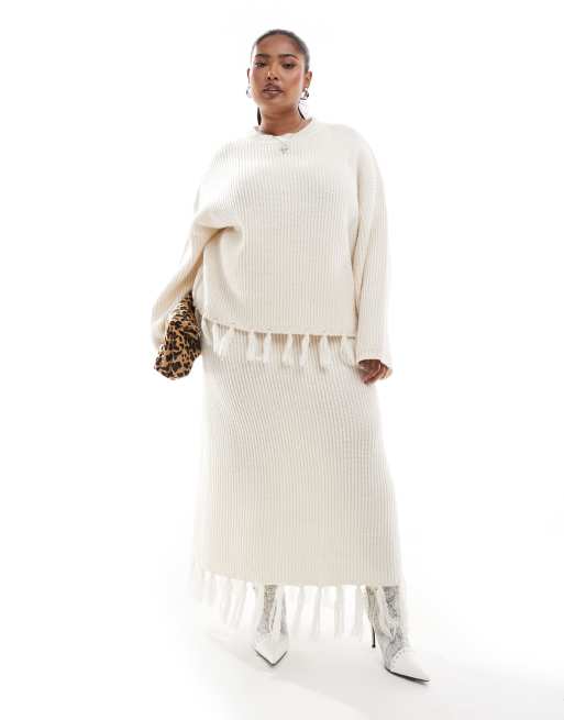 4th Reckless Plus Coordinato in misto lana color crema con maglione con nappe e gonna lunga ASOS