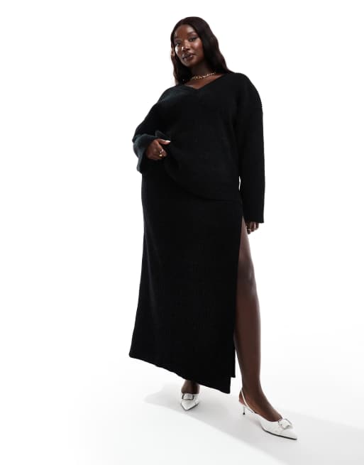 4th & Reckless Plus - Gonna lunga nera a coste in maglia con spacco sulla coscia in coordinato