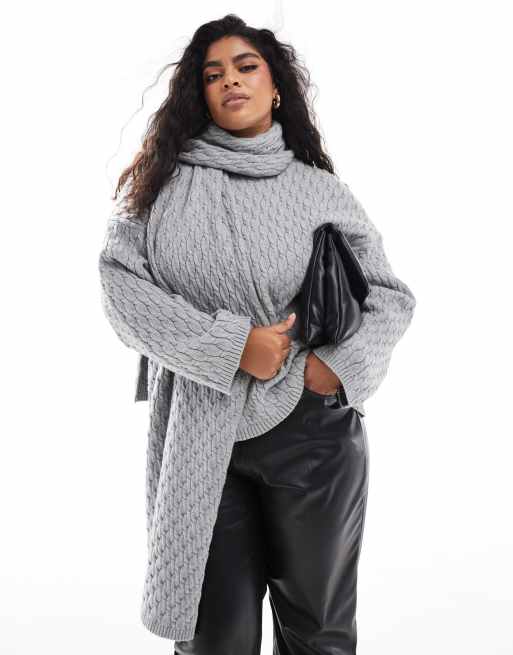 4th & Reckless Plus – Grå, kabelstickad tröja med scarf, 2 av 4
