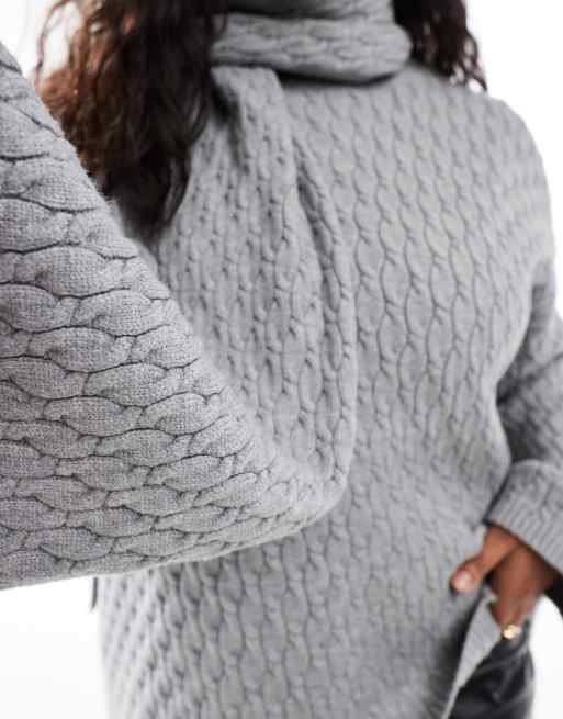 4th & Reckless Plus – Grå, kabelstickad tröja med scarf, 3 av 4