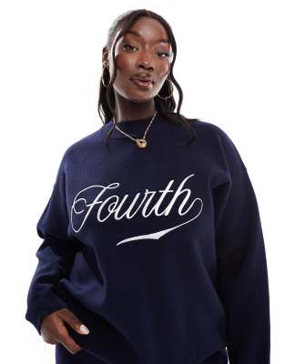 4th & Reckless Plus 4th & Reckless Plus knitted high neck embroidered logo jumper co-ord in navy