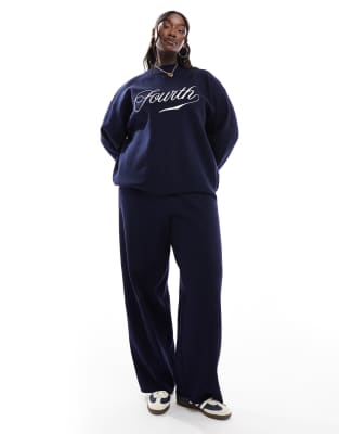 4th & Reckless Plus knitted high neck logo jumper and wide leg trouser co-ord in navy - view 1