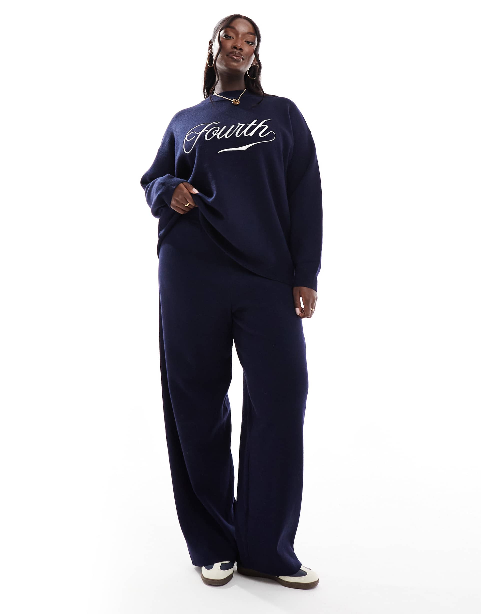 4th & reckless plus knitted wide leg pants set in navy