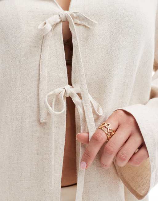 4th & Reckless Plus linen mix tie front shirt in beige, 2 of 4