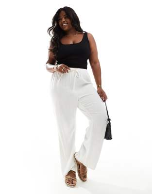 linen mix tie waist wide leg pants in white