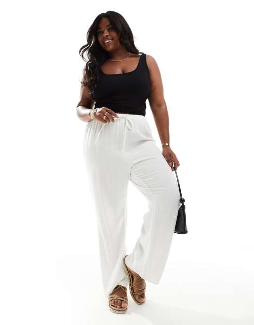 4th Reckless Plus linen mix tie waist wide leg trousers in white