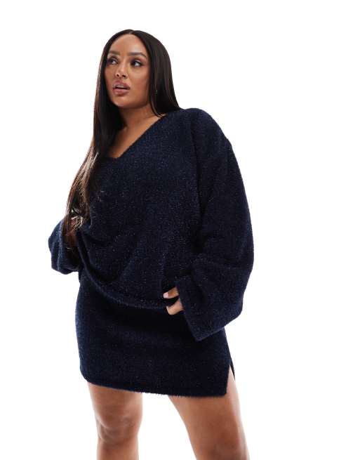 4th & Reckless Plus metallic tinsel knit split mini skirt in navy (part of a set)