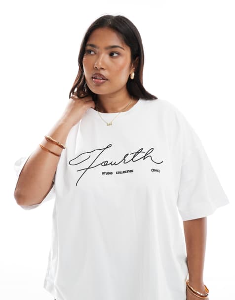 4th & Reckless Plus oversized embroidered logo t-shirt in white - view 1